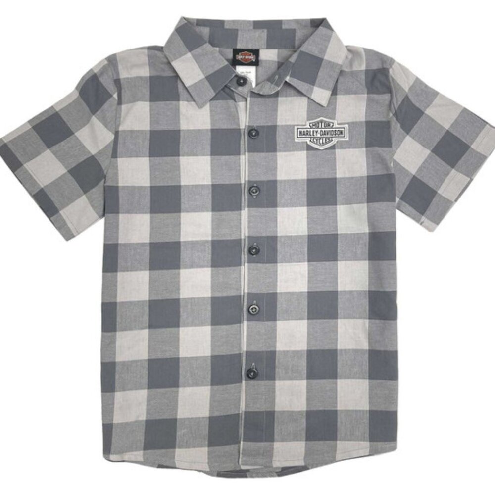 Harley-Davidson Big Boys' B&S Short Sleeve Plaid Flannel Shop Shirt Gray